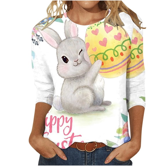 Happy Easter Shirts for Women 3/4 Sleeve Round Neck Easter Eggs Bunny Print T-Shirts 2025 Trendy Tee Tops White,XXL
