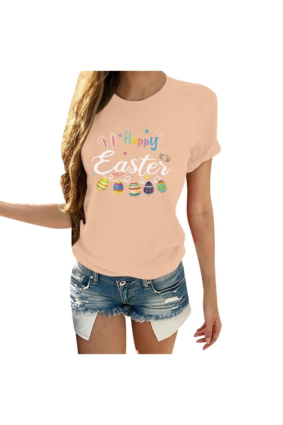 Happy Easter Shirts for Women Bunny T-Shirt Rabbit Letter Graphic Tees Easter Egg Holiday Shirt Tunic Tops Blouses