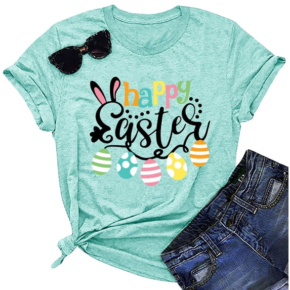 Happy Easter Shirts for Women Easter Bunny T-Shirt Rabbit Graphic Tees Easter Egg Holiday Shirt Tops