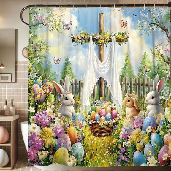 Happy Easter Shower Curtain - 35.4x70.8in Cute Bunny Egg Cross Bathroom Decor Set with Floral, Waterproof, Machine washable - Ideal for Spring Holiday