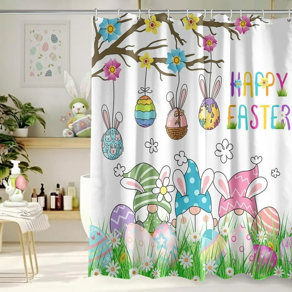 Happy Easter Shower Curtain 72x72 Inch Easter Gnome Eggs Shower Curtains for Bathroom with Hooks Easter Bathroom Home Bath Decor Waterproof Fabric