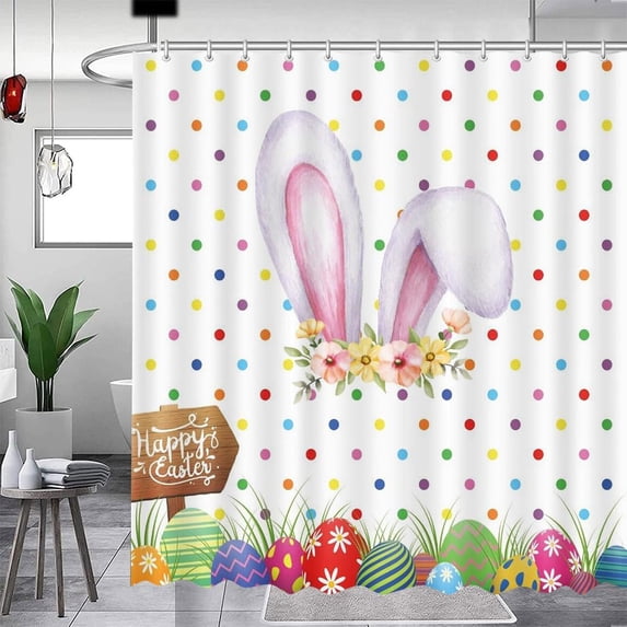 Happy Easter Shower Curtain for Bathroom Cartoon Funny Rabbit Ears Spring Garden Colorful Eggs Color Polka Dots Decor Home Bathroom Bathtubs Decor Washable Durable Fabric 72"x72"