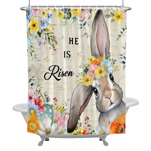Happy Easter Shower Curtain for Bathroom, Spring Bunny He Is Risen Yellow Flower Floral Beige Waterproof Cloth Fabric Bathroom Accessories Set with 12 Rust Proof Plastic Hooks, 36"x72"