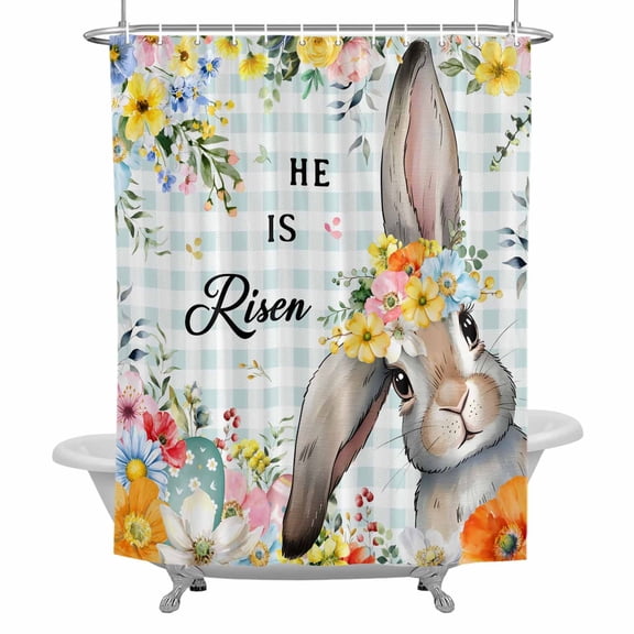 Happy Easter Shower Curtain for Bathroom, Spring Bunny He Is Risen Yellow Flower Floral Green Plaid Waterproof Cloth Fabric Bathroom Accessories Set with 12 Rust Proof Plastic Hooks, 36"x72"