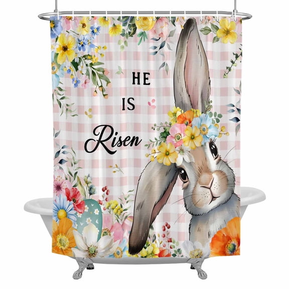 Happy Easter Shower Curtain for Bathroom, Spring Gray Bunny Yellow Floral He Is Risen Pink Plaid Waterproof Cloth Fabric Bathroom Accessories Set with 12 Rust Proof Plastic Hooks, 36"x72"