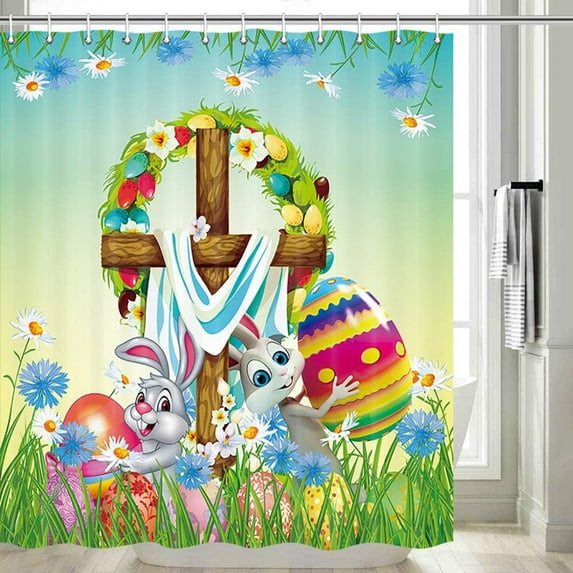 Happy Easter Shower Curtain, Funny Rabbit Spring Flowers Colorful Easter Egg Bathroom Curtain Waterproof Fabric Machine Washable with Hooks, 72" Wx72 L