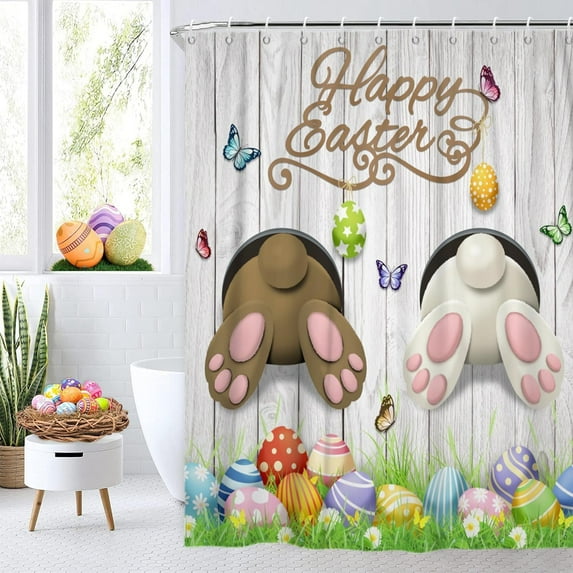 Happy Easter Shower Curtain, Funny Rabbit Wooden Board Colorful Easter Egg with Butterflies Bathroom Curtain Waterproof Fabric Machine Washable with Hooks, 72" Wx72 L