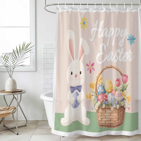 Happy Easter Shower Curtain Set, Waterproof Shower Curtains for Bathroom, Cute Bunny Colorful Eggs Spring Flowers Green Washable Fabric Bath Curtain for Bathtub Decoration with Hooks 72x78 Inches