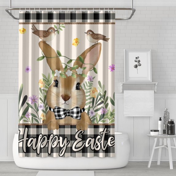 Happy Easter Shower Curtain, Spring Easter Bunny Shower Curtains for Bathroom, Spring Easter Farmhouse Holiday Bathroom Home Decor, Waterproof Fabric with Hooks 72X72 Inch