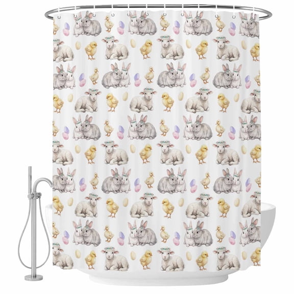 Happy Easter Shower Curtain, Waterproof Shower Curtains for Bathroom, Spring Bunny Chickens Lambs Easter Eggs Washable Fabric Bathtub Curtain Set Bath Decor with 12 Hooks Stall 36"x72"