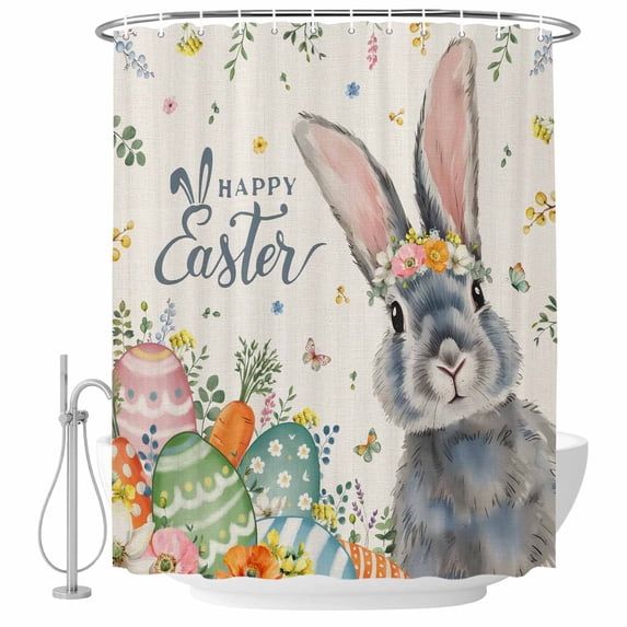 Happy Easter Shower Curtain, Waterproof Shower Curtains for Bathroom, Spring Bunny Easter Eggs Floral Beige Burlap Washable Fabric Bathtub Curtain Set Bath Decor with 12 Hooks 72"x78"