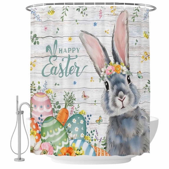 Happy Easter Shower Curtain, Waterproof Shower Curtains for Bathroom, Spring Bunny Easter Eggs Floral Gray Wood Washable Fabric Bathtub Curtain Set Bath Decor with 12 Hooks Stall 36"x72"