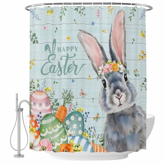 Happy Easter Shower Curtain, Waterproof Shower Curtains for Bathroom, Spring Bunny Easter Eggs Floral Teal Wood Washable Fabric Bathtub Curtain Set Bath Decor with 12 Hooks Stall 36"x72"