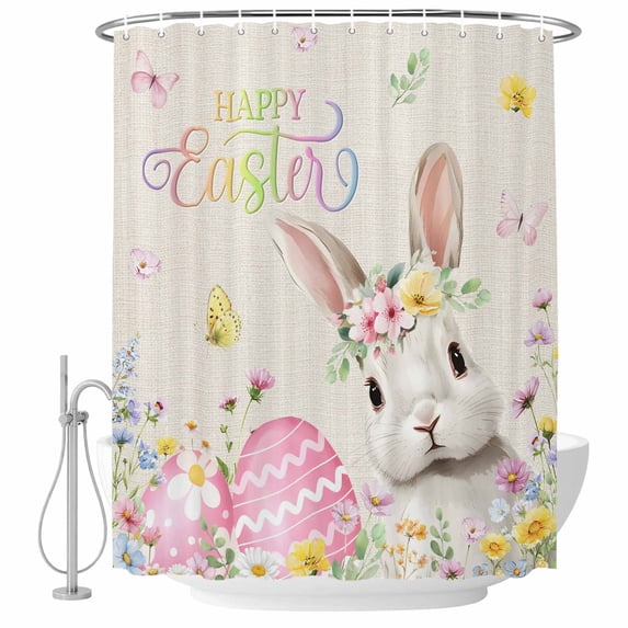 Happy Easter Shower Curtain, Waterproof Shower Curtains for Bathroom, Spring Rustic Easter Bunny Eggs Floral Burlap Washable Fabric Bathtub Curtain Set Bath Decor with 12 Hooks Long 72"x84"