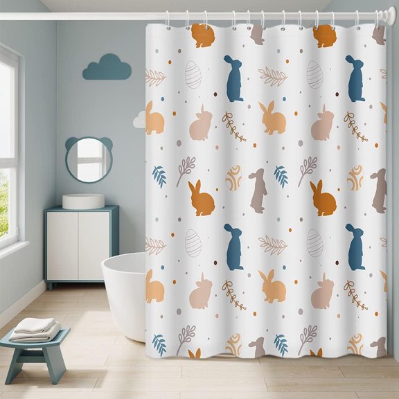 Happy Easter Shower Curtains for Bathroom Cute Bunny Rabbit Eggs Leaves Pattern Design Home Bathtubs Decor Waterproof Fabric Shower Curtain Sets with 6 Hooks, 36x72 Inch
