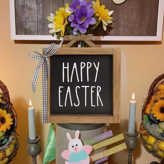 Happy Easter Sign, 6 Inch Wooden Black Easter Table Top Decorations for Home Indoor, Spring Wood Decorative Signage Plaque Tabletop Wall Art Tiered Tray Mantel Shelf Office Desk Rustic Decor