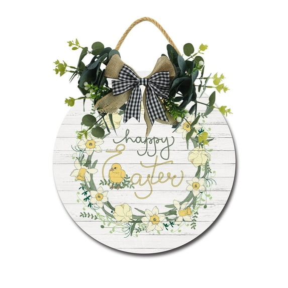 Happy Easter Sign Front Door Porch Decorations, Round Rustic Wood Hanging Sign for Farmhouse Porch Outdoor Home Holiday Front Door Sign Decor