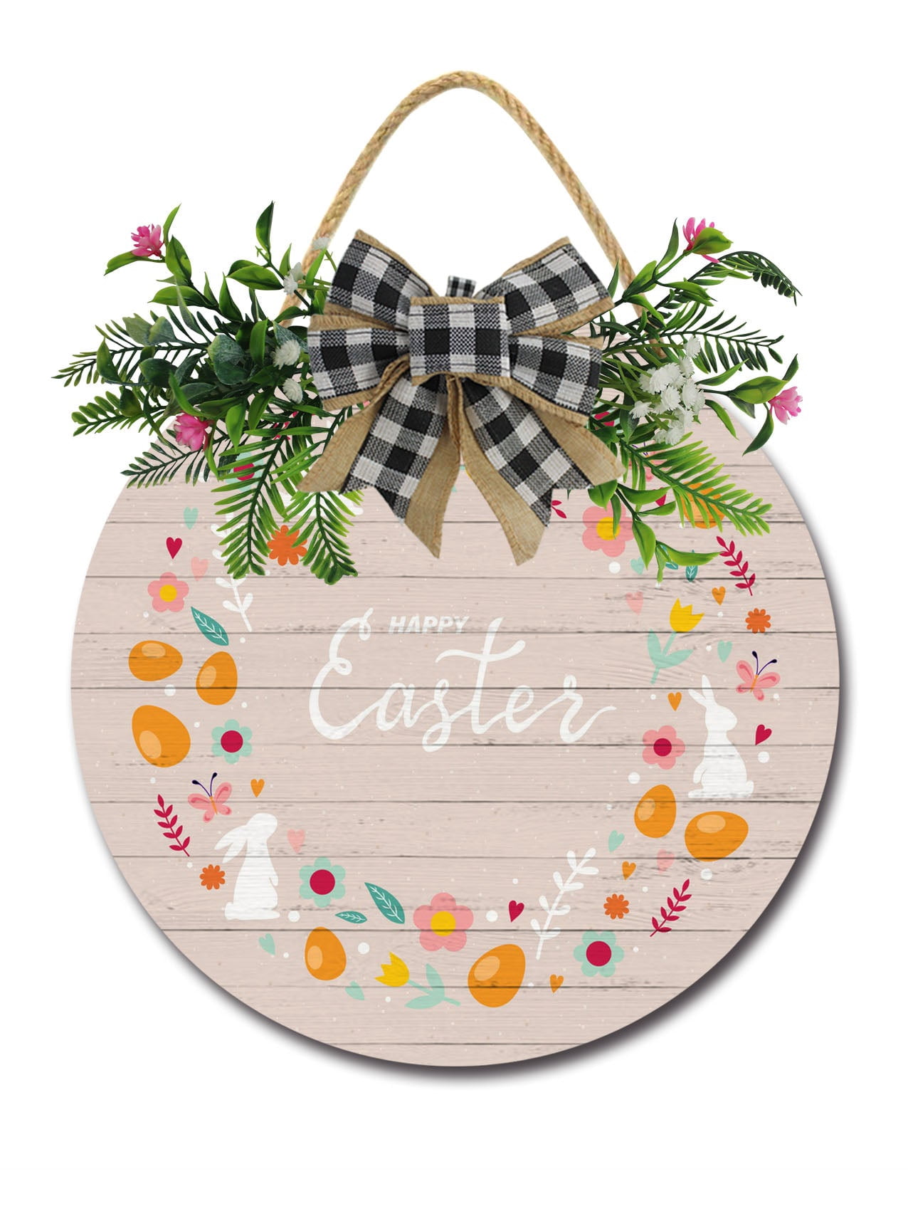 Happy Easter Sign Front Door Porch Decorations, Round Rustic Wood ...