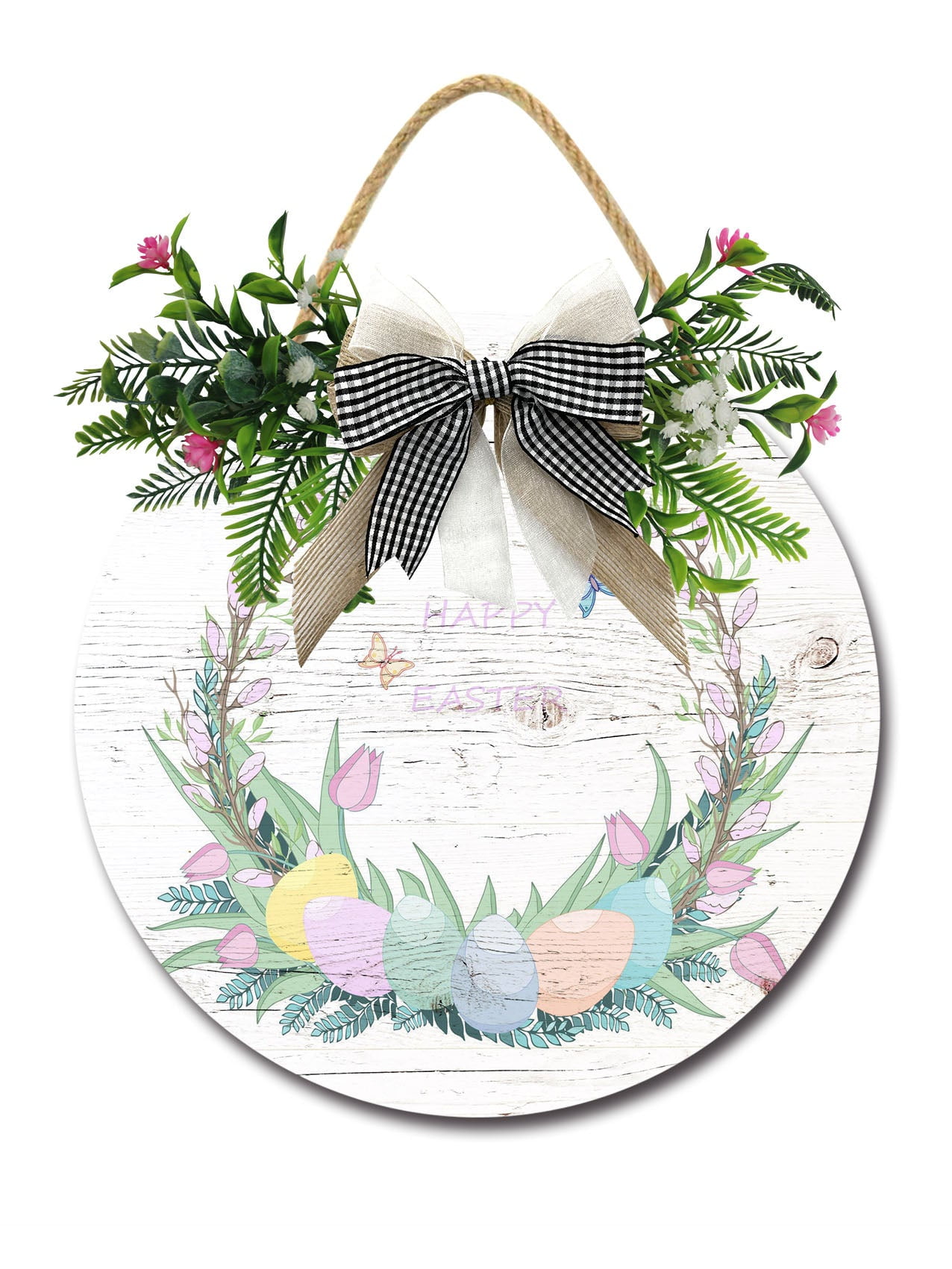 Happy Easter Sign Front Door Porch Decorations, Round Rustic Wood ...