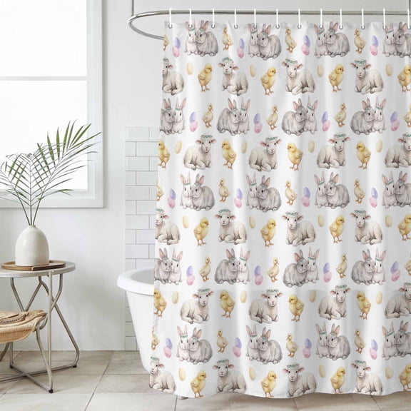 Happy Easter Small Stall Shower Curtain, Waterproof Shower Curtains for Bathroom, Spring Bunny Chickens Lambs Easter Eggs Washable Fabric Bath Curtain for Bathtub Decoration with Hooks 36x72 Inches
