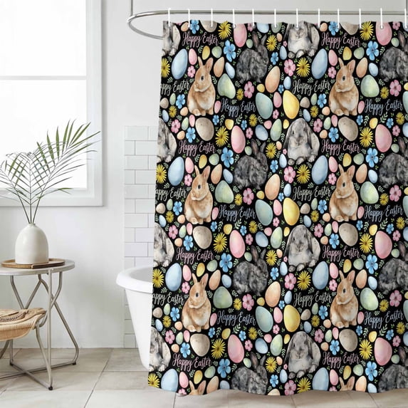 Happy Easter Small Stall Shower Curtain, Waterproof Shower Curtains for Bathroom, Spring Watercolor Rabbits Eggs Flower Black Washable Fabric Bath Curtain for Bathtub with Hooks 36x72 Inches