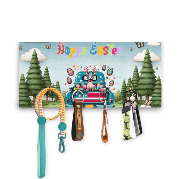 Happy Easter Sphynx American Flag Truck Bunny Ears Wood Key Holder Cat Lover Kitten Owner Gifts Idea Wall-mounted Key Rack Home Decor - 03001