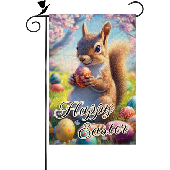 Happy Easter Squirrel Garden Flag 12x18 Inch Double Sided for Outside Small Easter Egg Holiday Yard Decoration (40036)