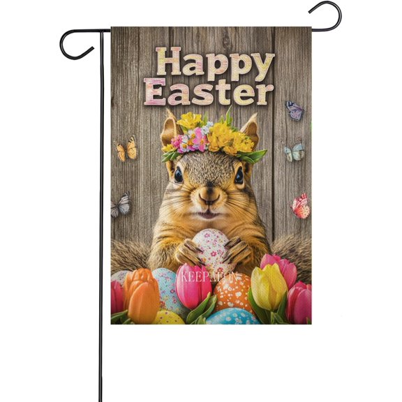 Happy Easter Squirrel Garden Flag Double Sided Vertical Burlap 12x18 Inch Rabbit Outdoor Yard Farmhouse Squirrel Decor (14960)