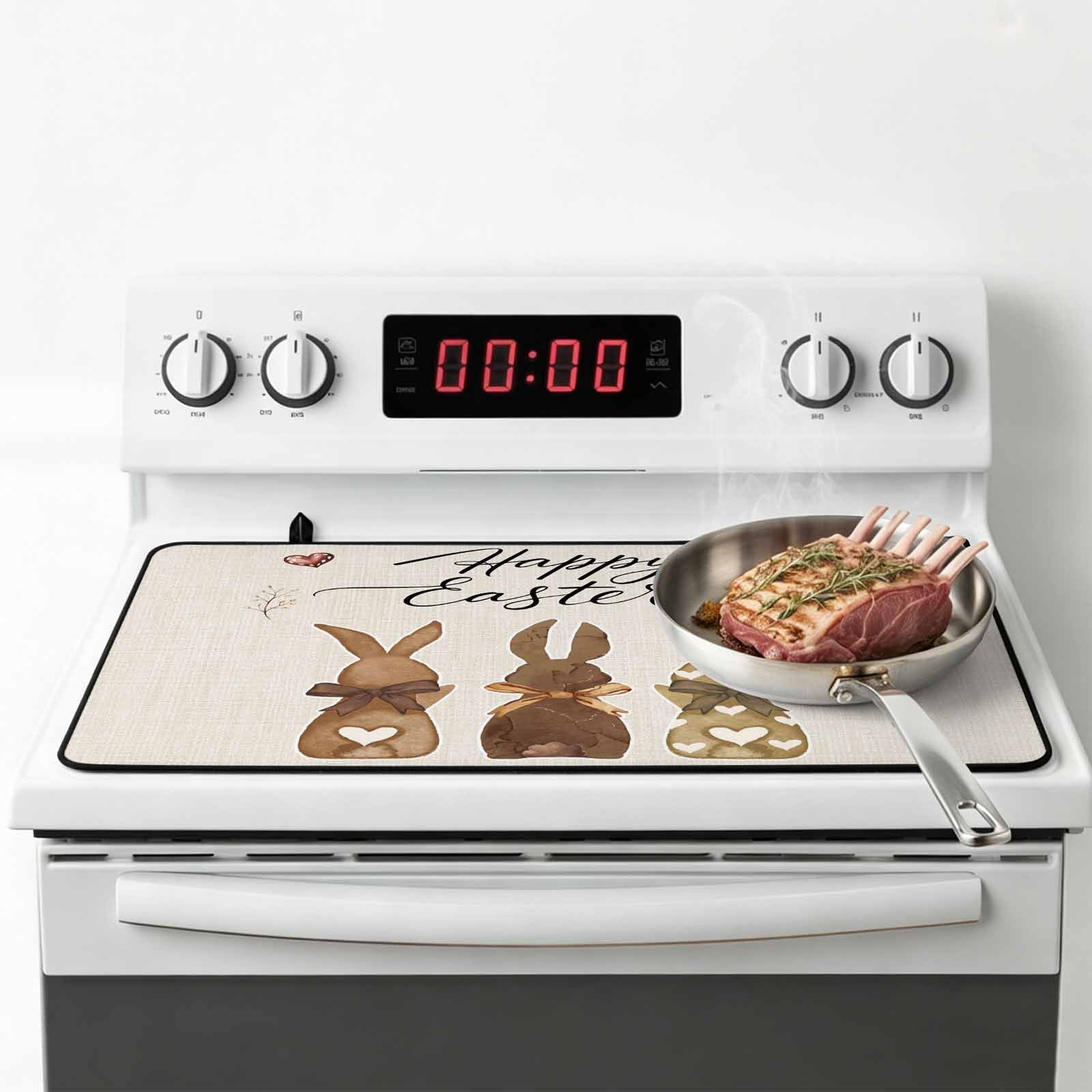 Happy Easter Stove Top Cover for Electric Stove, Heat-proof & Non Slip Glass Top Stove Cover Protector, Vintage Brown Rabbits Love Heart Balloon Kitchen Flat Cooktop Rubber Mat 24x21 Inches
