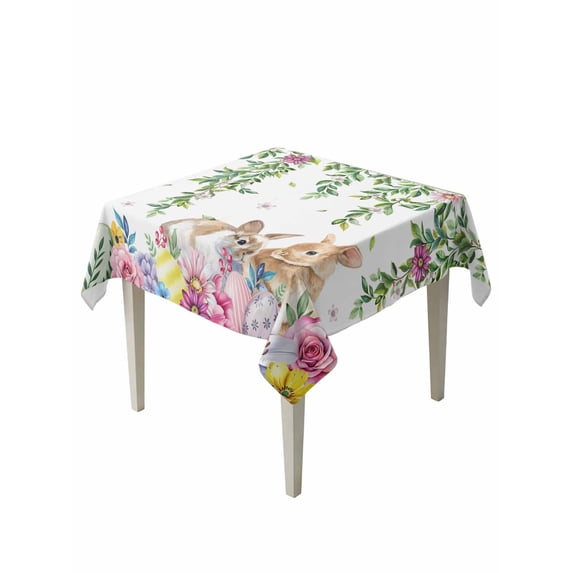 Happy Easter Suqare Tablecloth - 54 x 54 Inch, Cutte Rabbits Eggs Floral Plants Watercolor Waterproof & StainResistant Tablecloth, Washable Oil-proof Table Cover for Dining/Party/Wedding/Buffet