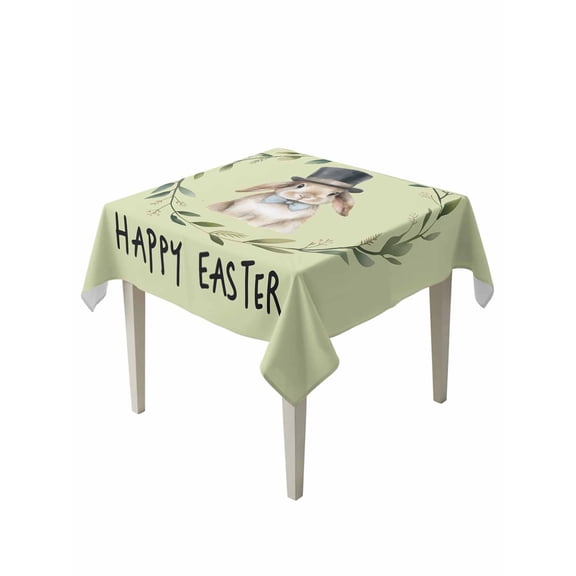 Happy Easter Suqare Tablecloth - 54 x 54 Inch, Grass Green Spring Bunny Eucalyptus Leaves Waterproof & StainResistant Tablecloth, Washable Oil-proof Table Cover for Dining/Party/Wedding/Buffet