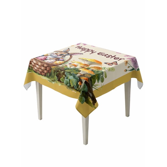 Happy Easter Suqare Tablecloth - 54 x 54 Inch, Rabbit Eggs Spring Mushrooms Flowers Yellow Waterproof & StainResistant Tablecloth, Washable Oil-proof Table Cover for Dining/Party/Wedding/Buffet