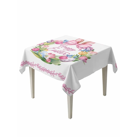 Happy Easter Suqare Tablecloth - 54 x 54 Inch, Rabbits Bows Spring Tulips Eggs Pastoral Waterproof & StainResistant Tablecloth, Washable Oil-proof Table Cover for Dining/Party/Wedding/Camping/Buffet