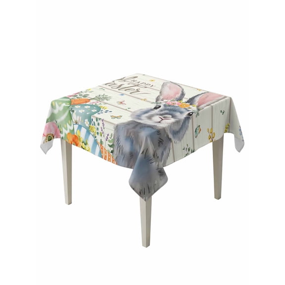 Happy Easter Suqare Tablecloth - 54 x 54 Inch, Spring Bunny Easter Eggs Floral Beige Wood Waterproof & StainResistant Tablecloth, Washable Oil-proof Table Cover for Dining/Party/Wedding/Buffet
