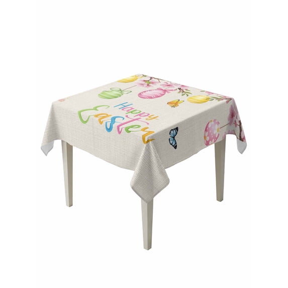 Happy Easter Suqare Tablecloth - 54 x 54 Inch, Spring Colorful Eggs Butterfly on Linen Waterproof & StainResistant Tablecloth, Washable Oil-proof Table Cover for Dining/Party/Wedding/Camping/Buffet