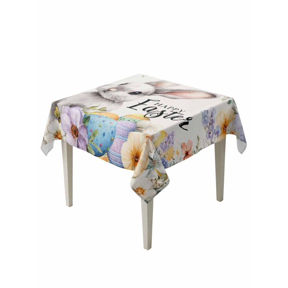 Happy Easter Suqare Tablecloth - 54 x 54 Inch, Spring Grey Bunny Colorful Eggs Flower Beige Waterproof & StainResistant Tablecloth, Washable Oil-proof Table Cover for Dining/Party/Wedding/Buffet