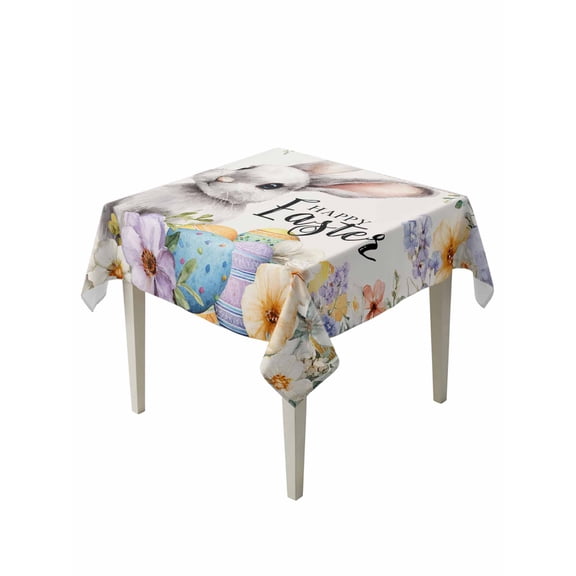 Happy Easter Suqare Tablecloth - 54 x 54 Inch, Spring Grey Bunny Colorful Eggs Flower Beige Waterproof & StainResistant Tablecloth, Washable Oil-proof Table Cover for Dining/Party/Wedding/Buffet