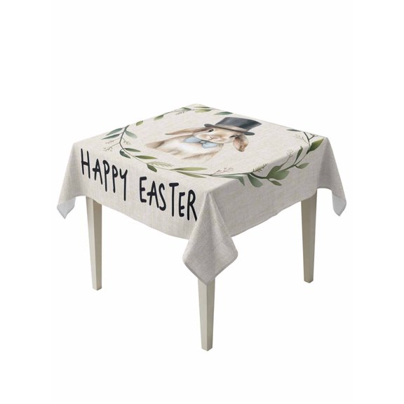 Happy Easter Suqare Tablecloth - 60 x 60 Inch, Beige Rustic Spring Bunny Eucalyptus Leaves Waterproof & StainResistant Tablecloth, Washable Oil-proof Table Cover for Dining/Party/Wedding/Buffet