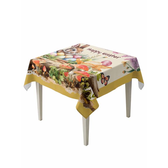 Happy Easter Suqare Tablecloth - 60 x 60 Inch, Bunny Eggs Spring Mushrooms Floral Rustic Yellow Waterproof & StainResistant Tablecloth, Washable Oil-proof Table Cover for Dining/Party/Wedding/Buffet
