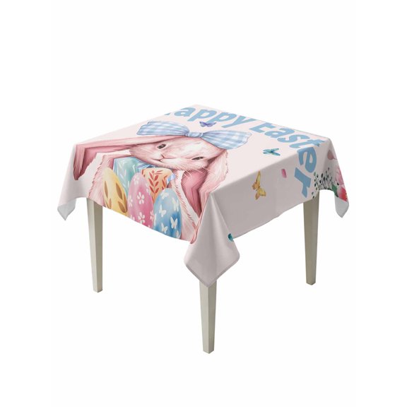 Happy Easter Suqare Tablecloth - 60 x 60 Inch, Cute Rabbits Eggs Flowers Butterflies Leaves Pink Waterproof & StainResistant Tablecloth, Washable Oil-proof Table Cover for Dining/Party/Wedding/Buffet