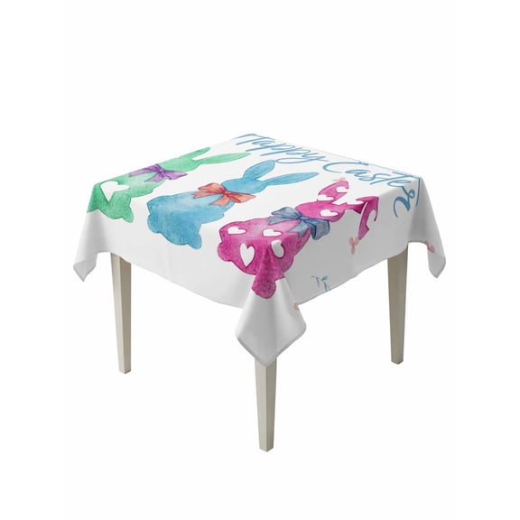 Happy Easter Suqare Tablecloth - 60 x 60 Inch, Green Blue Purple Rabbits Love Heart Floral Waterproof & StainResistant Tablecloth, Washable Oil-proof Table Cover for Dining/Party/Wedding/Buffet