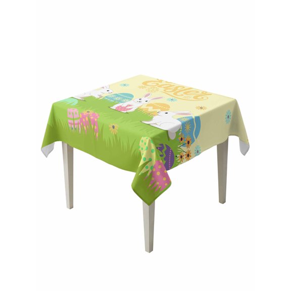 Happy Easter Suqare Tablecloth - 60 x 60 Inch, Rabbits Eggs Spring Daisy Floral Grass Yellow Waterproof & StainResistant Tablecloth, Washable Oil-proof Table Cover for Dining/Party/Wedding/Buffet