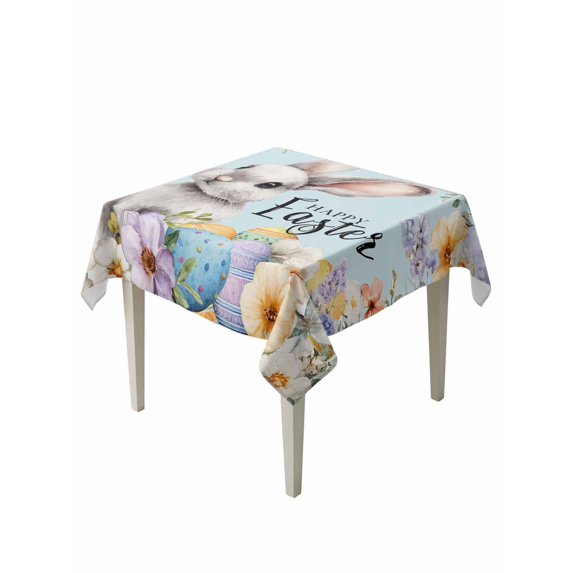 Happy Easter Suqare Tablecloth - 60 x 60 Inch, Spring Grey Bunny Colorful Eggs Flower Blue Waterproof & StainResistant Tablecloth, Washable Oil-proof Table Cover for Dining/Party/Wedding/Buffet