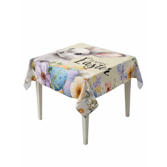 Happy Easter Suqare Tablecloth - 60 x 60 Inch, Spring Grey Bunny Colorful Eggs Flower Brown Waterproof & StainResistant Tablecloth, Washable Oil-proof Table Cover for Dining/Party/Wedding/Buffet