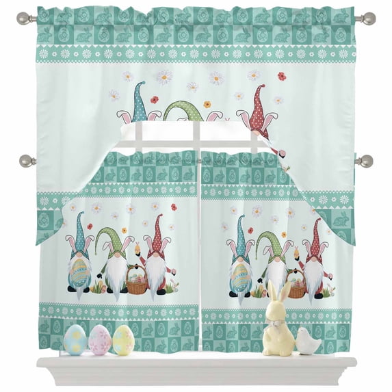 Happy Easter Swag Curtains Valance & Tier Set, Gnomes Easter Egg Spring Floral Green Flower Bunny Border 3 Pcs Set Kitchen Swag Valances and Tiers 24 Inch Length Rod Pocket Curtain Drapes for Bedroom