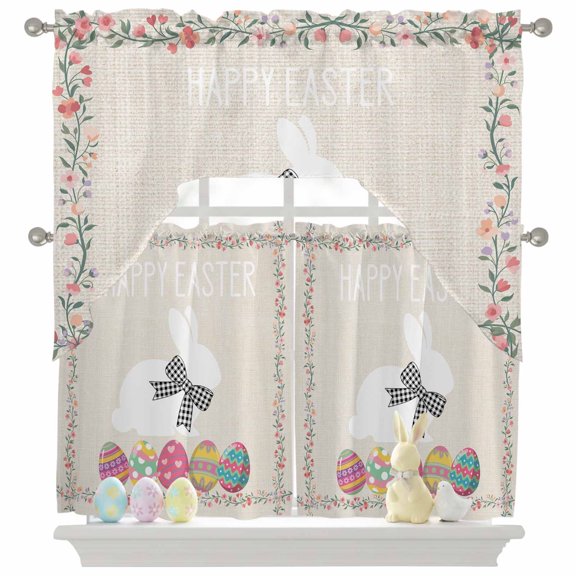 Happy Easter Swag Curtains Valance & Tier Set, Modern Colorful Egg Rabbit Black Plaid Bowknot Linen Texture 3 Pcs Set Kitchen Swag Valances and Tiers 36 Inch Length Rod Pocket Curtain Drapes