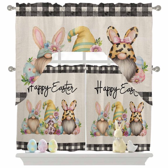 Happy Easter Swag Curtains Valance & Tier Set, Spring Gnome Eggs Floral Linen Texture Black Plaid 3 Pcs Set Kitchen Swag Valances and Tiers 36 Inch Length Rod Pocket Curtain Drapes for Bedroom