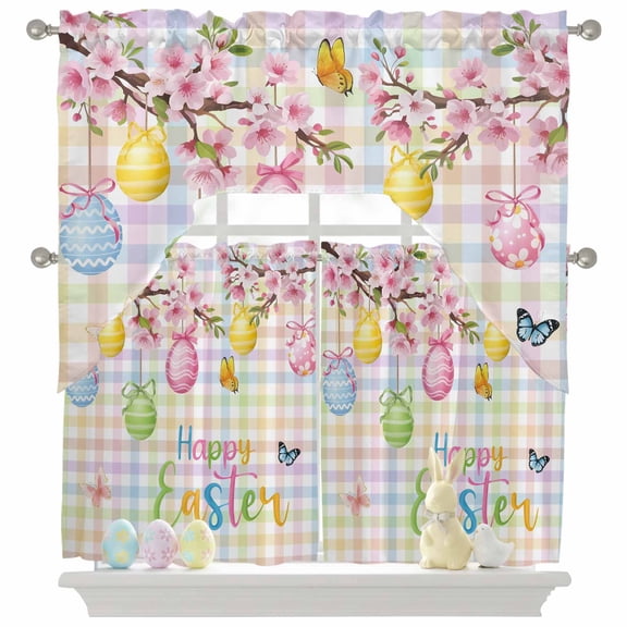 Happy Easter Swag Curtains Valance & Tier Set, Spring Pink Floral Blue Yellow Eggs Butterfly Plaid 3 Pcs Set Kitchen Swag Valances and Tiers 24 Inch Length Rod Pocket Curtain Drapes for Bedroom