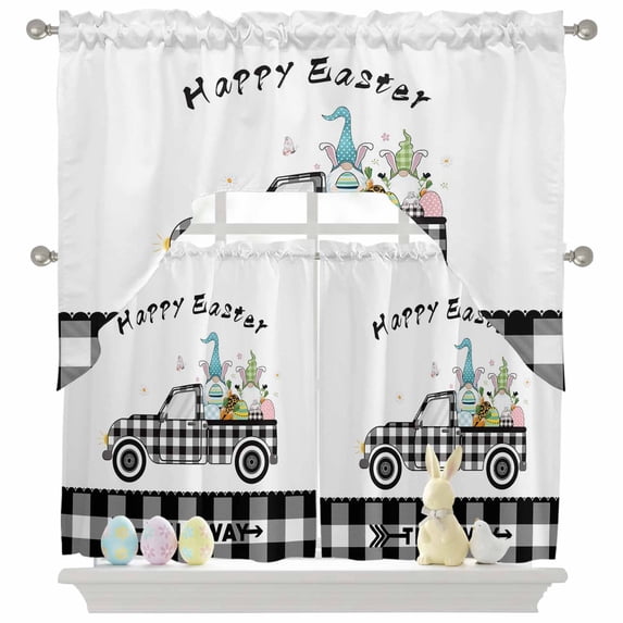 Happy Easter Swag Curtains Valance & Tier Set, Truck Carry Dwarf and Eggs Black and White Plaid 3 Pcs Set Kitchen Swag Valances and Tiers 36 Inch Length Rod Pocket Curtain Drapes for Bedroom