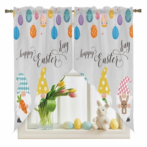 Happy Easter Swag Kitchen Curtain Valances, Simple Cute Gnome Carrot Rabbit Colorful Falling Easter Egg Grey Rod Pocket Curtains Window Treatment Valances for Bedroom Bathroom, 2 Panels 36 x 36 Inch